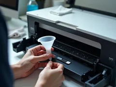 Technician refilling a laser printer cartridge with toner in an office, with tools and supplies visible in the scene.