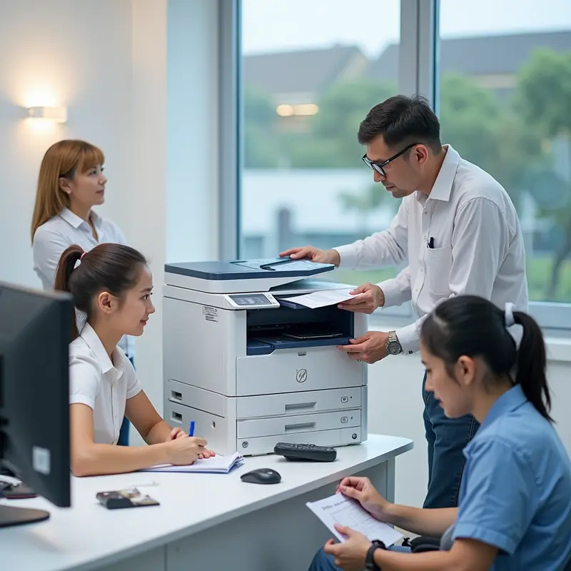 So sánh hộp mực mới và hộp mực bơm lại trên bàn làm việc.