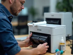 Kỹ thuật viên cẩn thận bơm mực vào cartridge máy in laser tại một bàn làm việc văn phòng, cùng với các dụng cụ và chai mực.