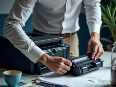 Kỹ thuật viên đang bơm mực vào hộp mực trong văn phòng hiện đại với dụng cụ và chai mực.