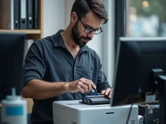 A technician refilling a monochrome printer cartridge with toner in an office setting, including tools and supplies visible in the scene.