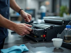 A technician is refilling a monochrome printer cartridge with toner in an office setting, complete with visible tools and supplies.