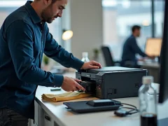 Kỹ thuật viên bơm mực vào hộp mực máy in đơn sắc trong môi trường văn phòng, với các công cụ hỗ trợ bên cạnh.