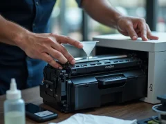 Một kỹ thuật viên bơm mực vào cartridge máy in trong môi trường văn phòng, có dụng cụ và thiết bị phụ trợ.