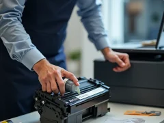 Kỹ thuật viên bơm toner vào cartridge máy in trong văn phòng, cùng các dụng cụ hỗ trợ.
