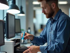 A technician refilling a monochrome printer cartridge with toner at an office setting, with tools and supplies visible.
