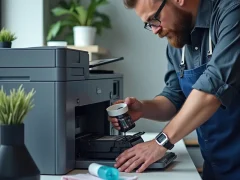 A technician refilling a monochrome printer cartridge with toner in an office setting, including tools and supplies visible in the scene.