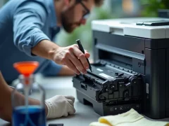Kỹ thuật viên refilling hộp mực laser với các dụng cụ và vật liệu tại bàn làm việc trong văn phòng.