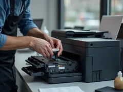 Kỹ thuật viên bơm mực cho hộp mực máy in trong văn phòng với dụng cụ thích hợp.