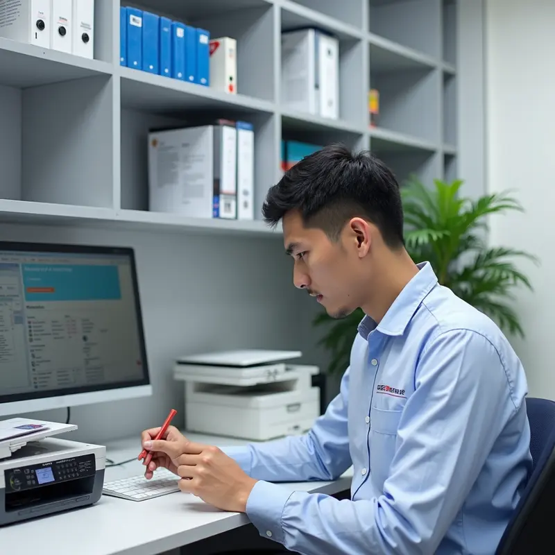 Kỹ thuật viên bơm mực tại văn phòng, minh họa sự tiện lợi của dịch vụ tận nơi.
