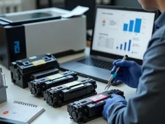 Nhân viên kỹ thuật đang giải thích lợi ích của bơm mực chuyên nghiệp, xung quanh bởi thiết bị văn phòng và tài liệu in.