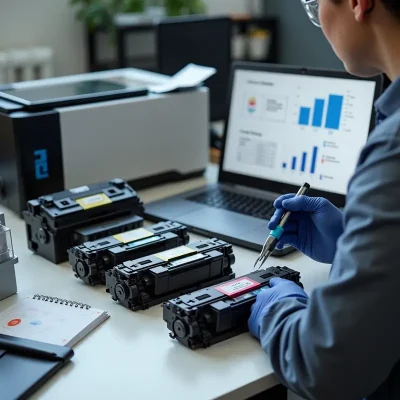 Nhân viên kỹ thuật đang giải thích lợi ích của bơm mực chuyên nghiệp, xung quanh bởi thiết bị văn phòng và tài liệu in.