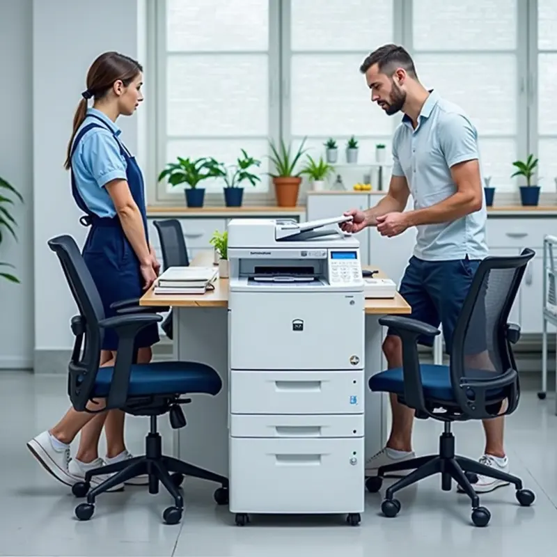 Kỹ thuật viên đang bơm mực tại chỗ vào máy in văn phòng.