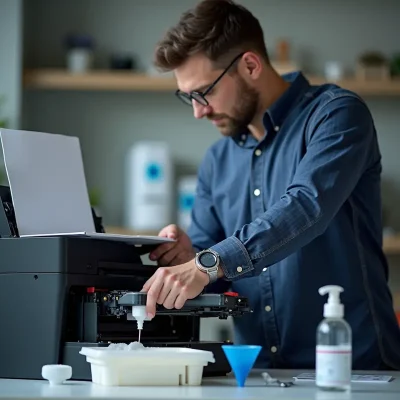 Kỹ thuật viên bơm mực vào hộp mực máy in monochrome tại văn phòng, với các dụng cụ và vật tư nhìn thấy rõ trong bối cảnh.