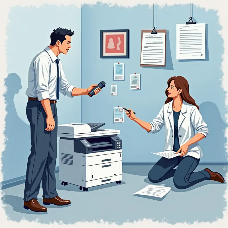 Kỹ thuật viên thân thiện bơm mực tại văn phòng hiện đại.