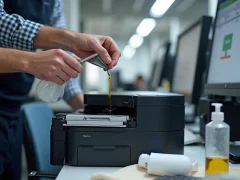 Technician in an office setting refilling a monochrome printer cartridge with toner, surrounded by tools and supplies.