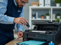 Kỹ thuật viên cẩn thận bơm mực vào cartridge máy in trong một môi trường văn phòng, với các dụng cụ như phễu, chai mực và vải sạch.