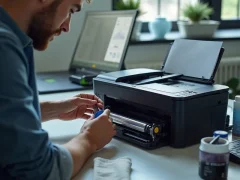 Technician refilling printer cartridge with toner at an organized office desk with tools around.